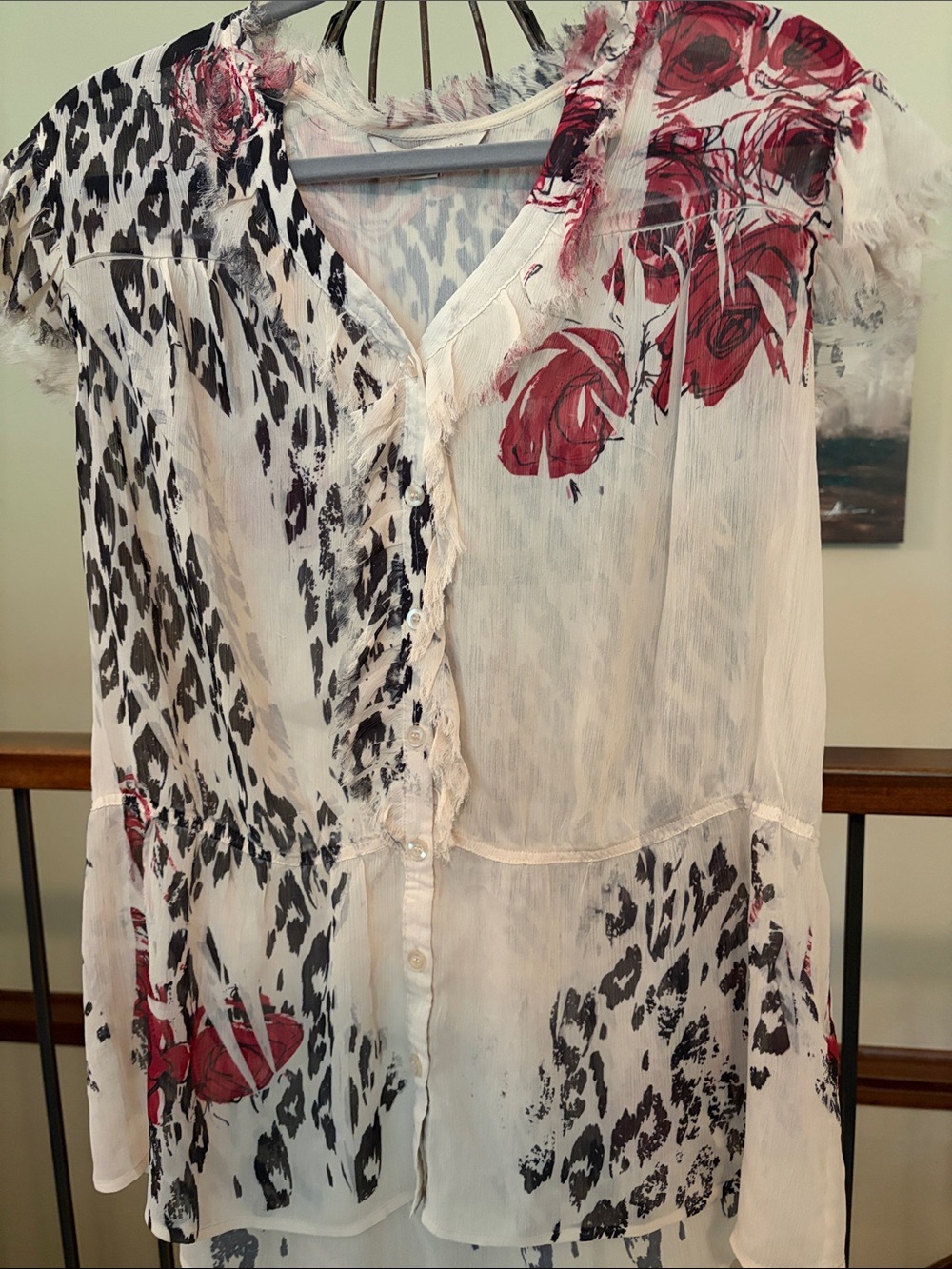 Jonathan Martin Sheer Crepey Mixed Design Boho Animal Print Roses Fringe Size 1X
